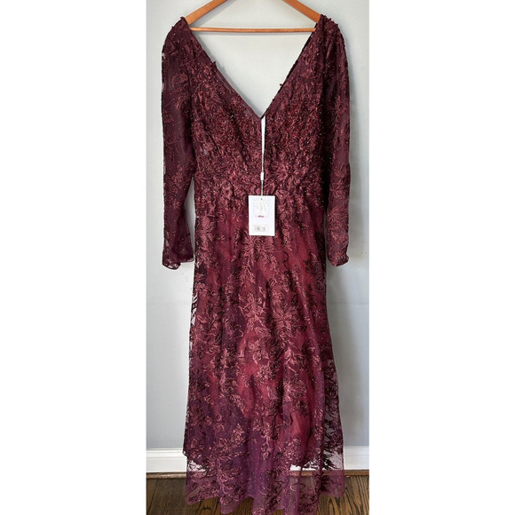 NWT Mac Duggal 20409 Embellished Illusion Gown Dress Long Sleeve Maroon Size 14 - Picture 4 of 13